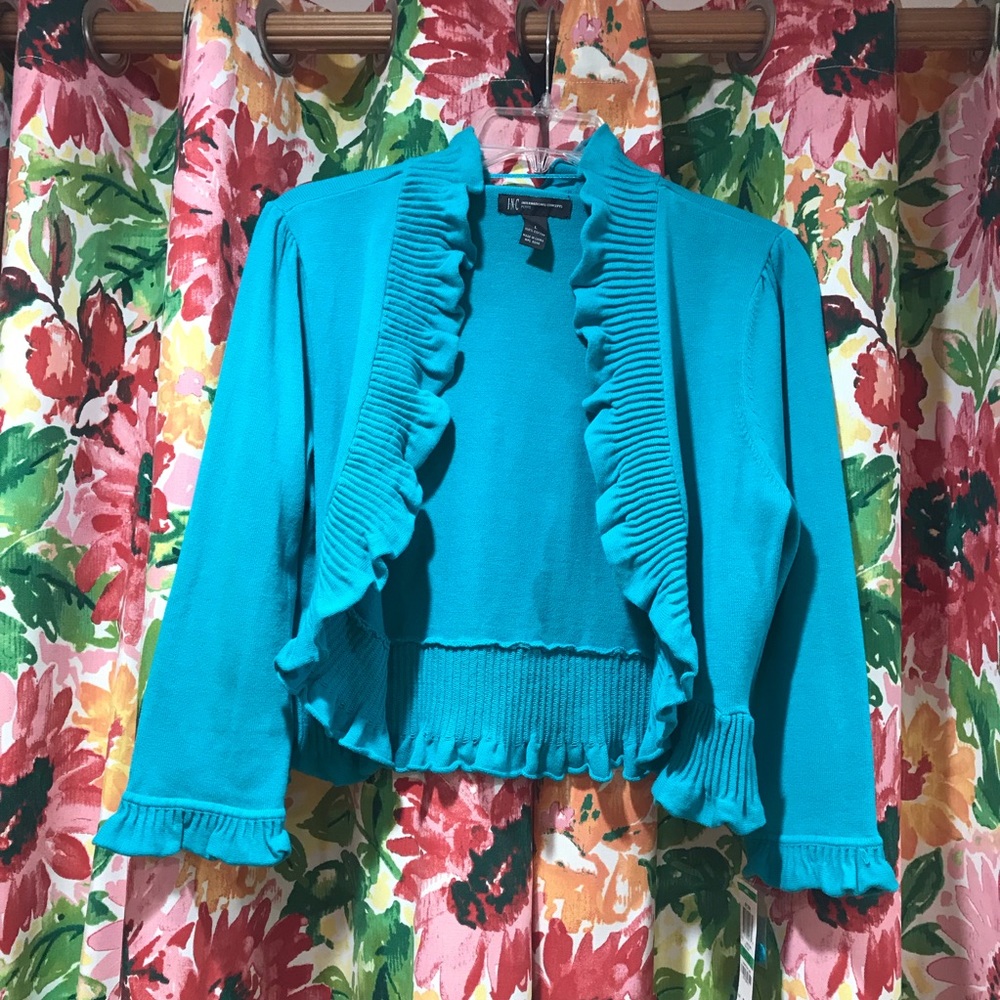 Turquoise ruffled hem shrug/cardi by INC - Petite
